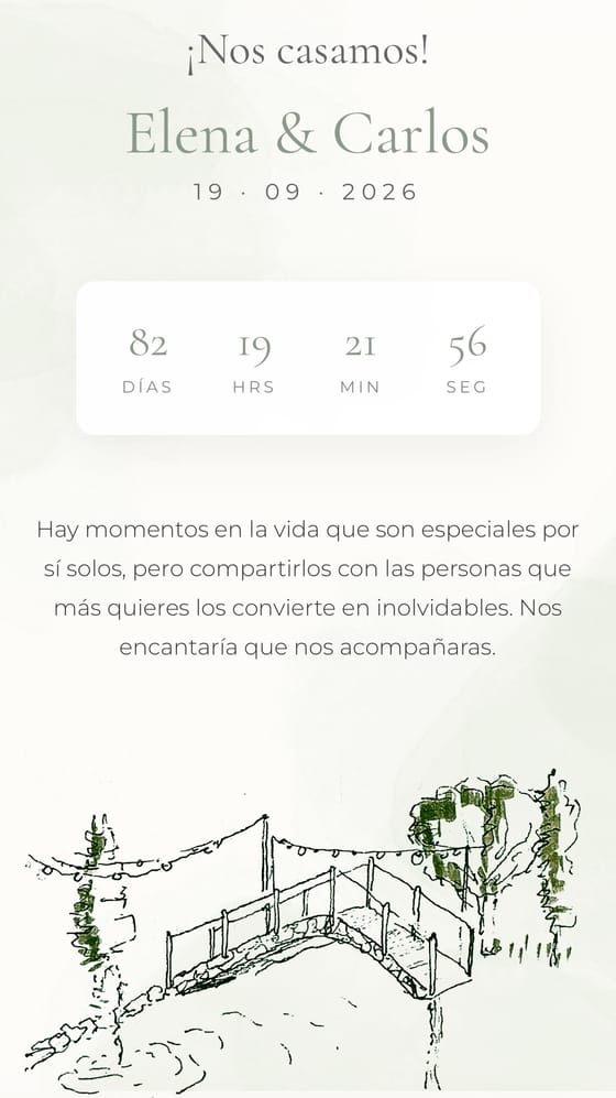 Portada de invitación de boda digital con cuenta atrás y acuarela de un puente de piedra