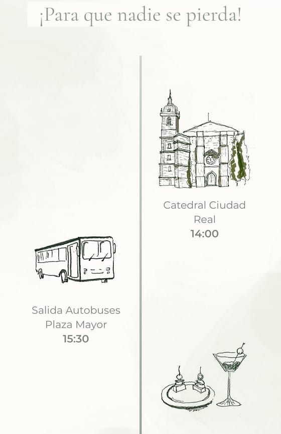 Itinerario de la boda con acuarelas de la catedral y del autobús de los invitados