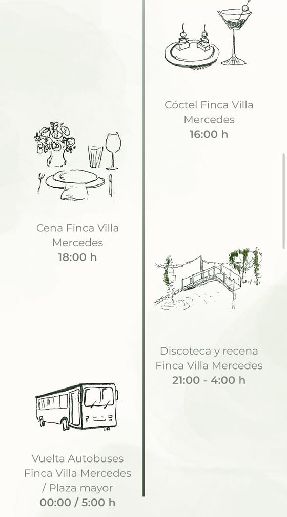 Horarios de la boda ilustrados a mano: cóctel, cena y discoteca