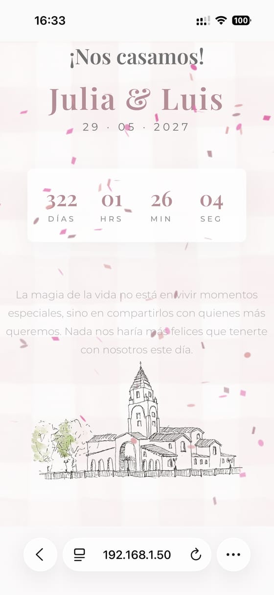Portada de invitación de boda en tonos rosas con cuenta atrás