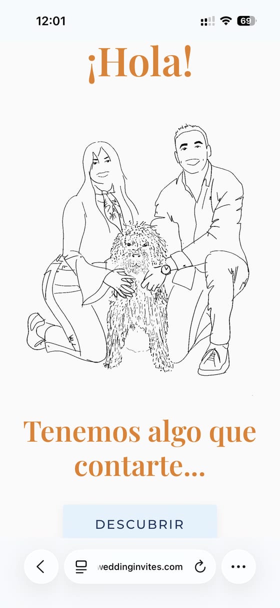 Pantalla de bienvenida con un retrato ilustrado de los novios y su perro