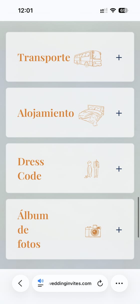 Menú de la invitación: transporte, alojamiento, dress code y álbum de fotos