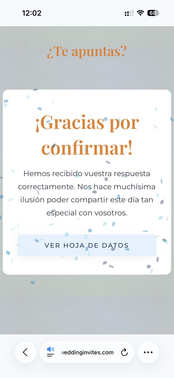 Pantalla de confirmación de asistencia enviada correctamente